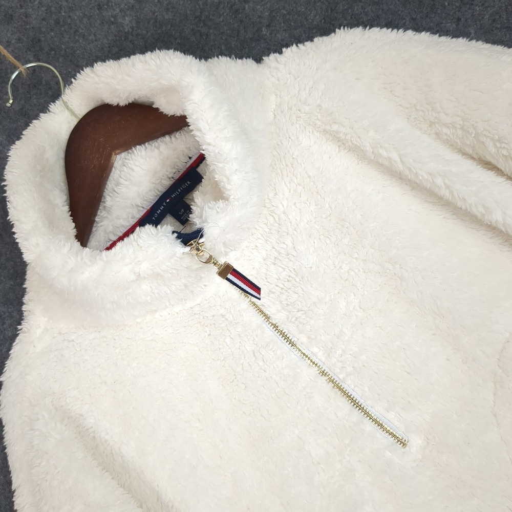 Tommy Hilfiger Womens Cream Sherpa Faux Fur Quarter Zip Pullover Jacket Small